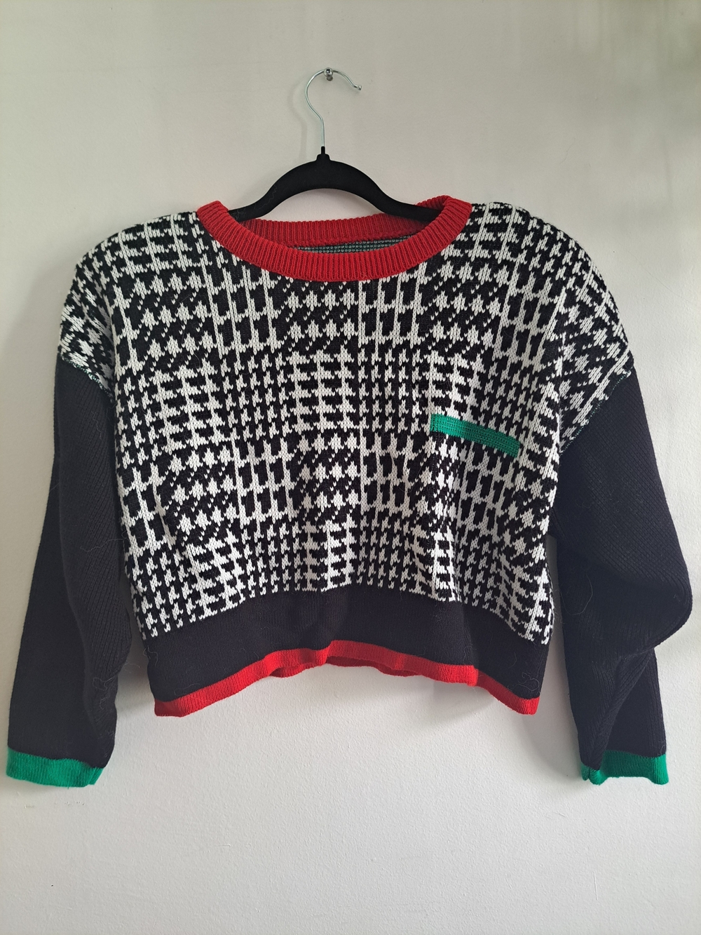 Vintage-Style Black & White Fair Isle Knit Sweater | Oversized Colorblock Retro